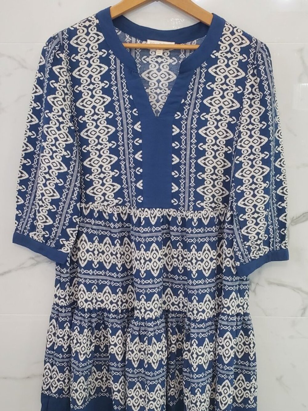 Fig + Flower Boho Tunic Blouse Dress for Women, Size M, Blue Ivory